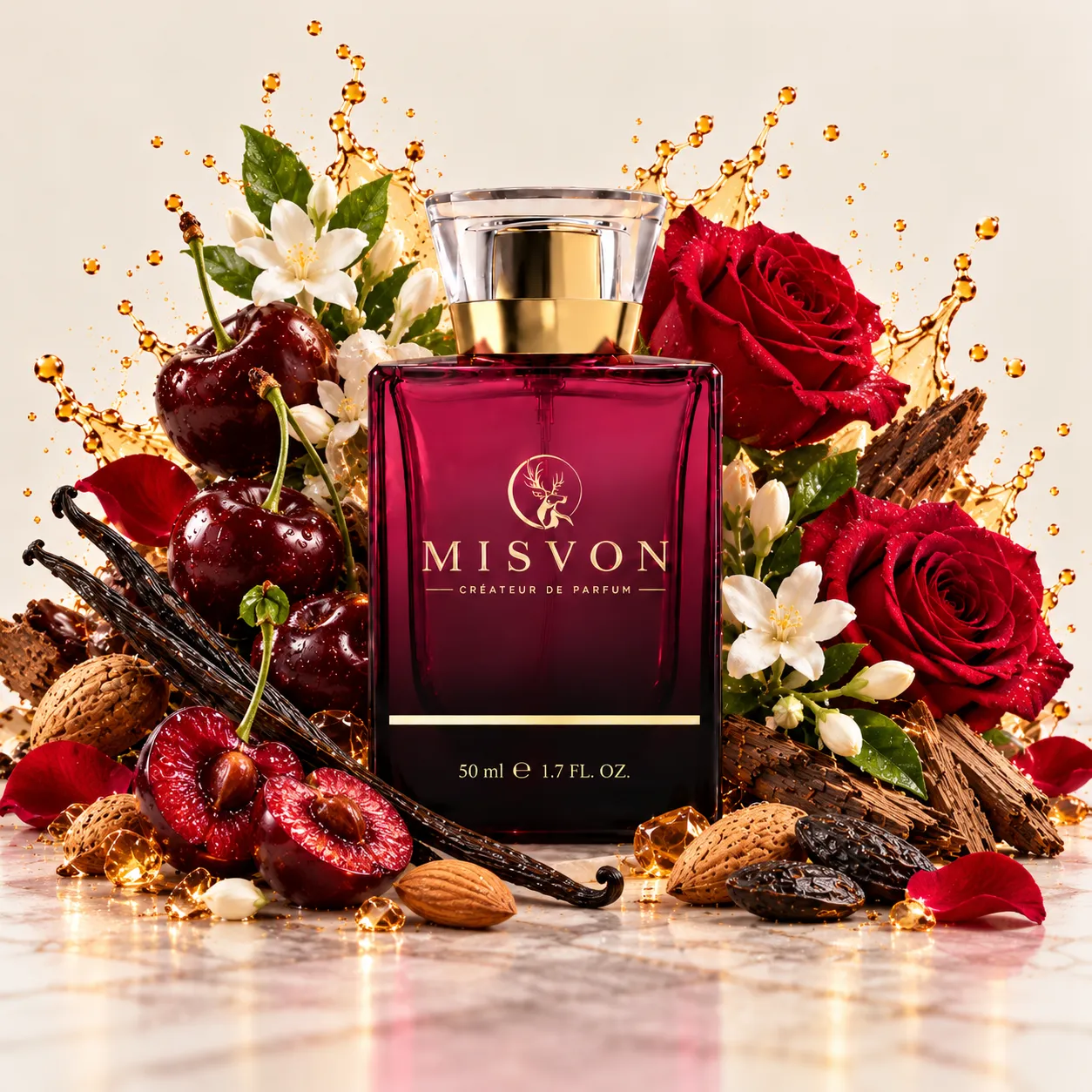 MİSVON LOCHER MV-707 50 ml bordo şişe; vişne, badem, gül, yasemin ve odunsu koku notaları